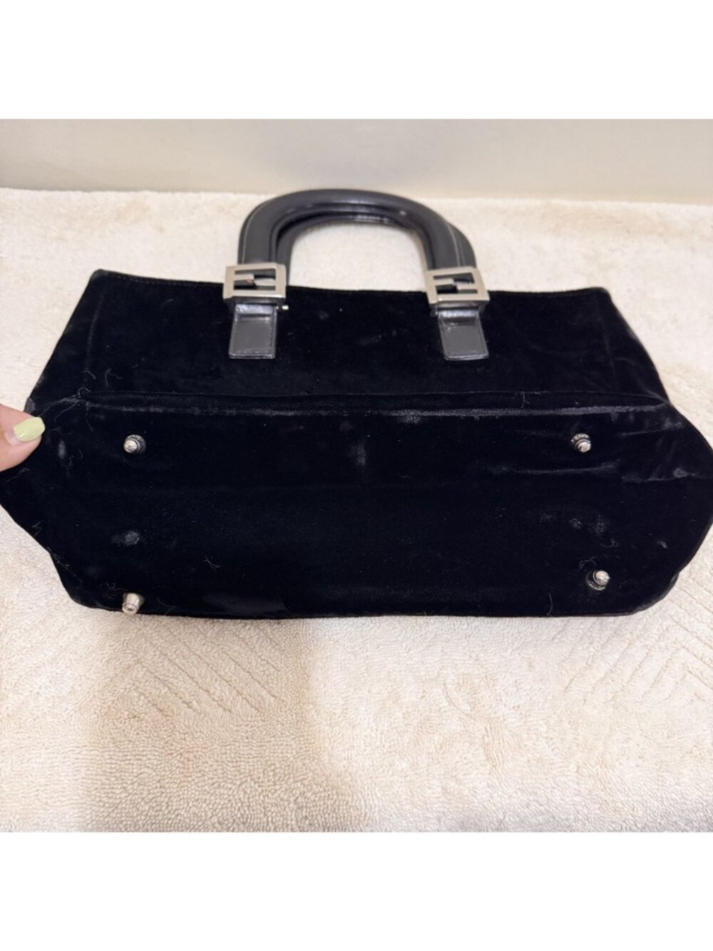 Vintage Fendi Black Velvet FF Top Handle Hand Bag Silver Hardware Made Italy - Picture 9 of 12